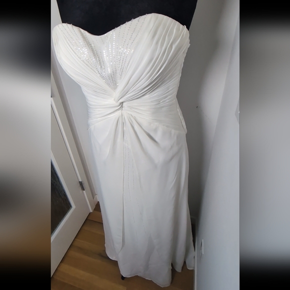 Strapless Chiffon Sheath Wedding Dress with Beading Size S + scarf Maxi EUC Prom - Picture 3 of 14